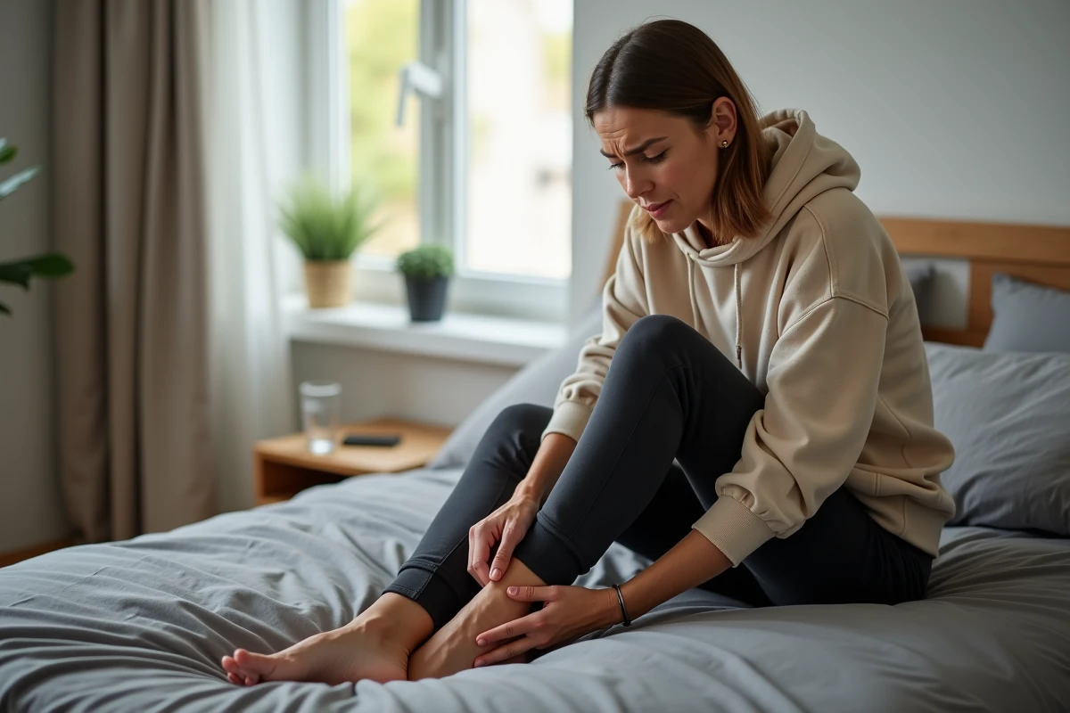 Femme assise au bord d'un lit tenant son pied nu avec une expression d'inconfort, illustrant des symptômes de brûlures et fourmillements au pied