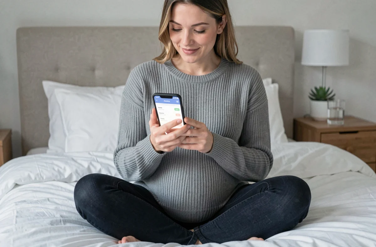 Femme enceinte consultant une application de suivi de grossesse sur smartphone pour connaître sa date de terme