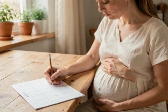 Femme enceinte calculant sa date de terme avec un calendrier papier dans une cuisine chaleureuse