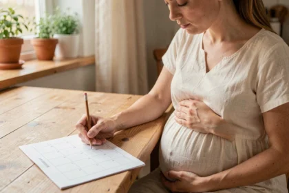 Femme enceinte calculant sa date de terme avec un calendrier papier dans une cuisine chaleureuse
