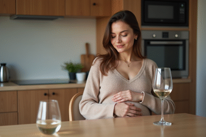 Femme enceinte assise à la cuisine avec verre d'eau et verre de vin