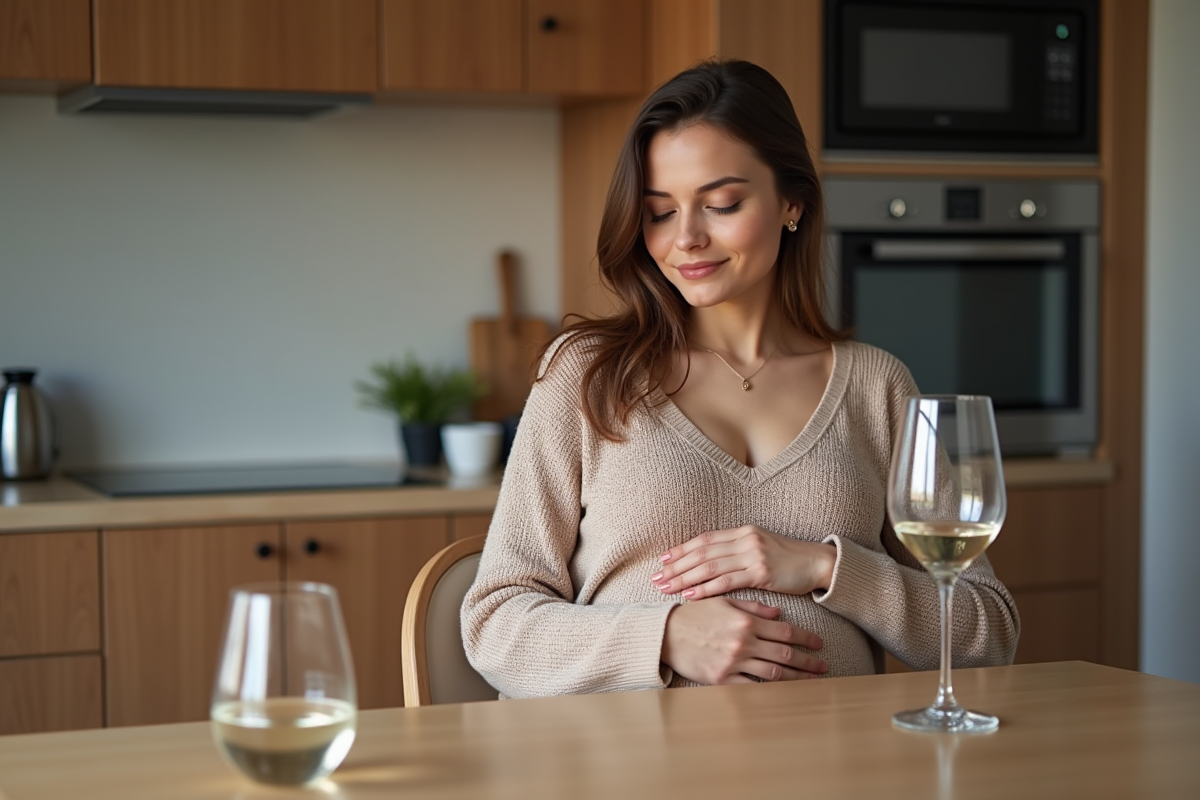Femme enceinte assise à la cuisine avec verre d'eau et verre de vin