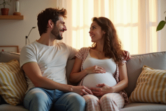 Femme enceinte souriante avec son partenaire sur un canapé lumineux