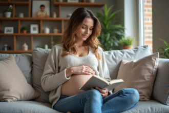 Femme enceinte lisant un livret de santé prénatale dans un salon