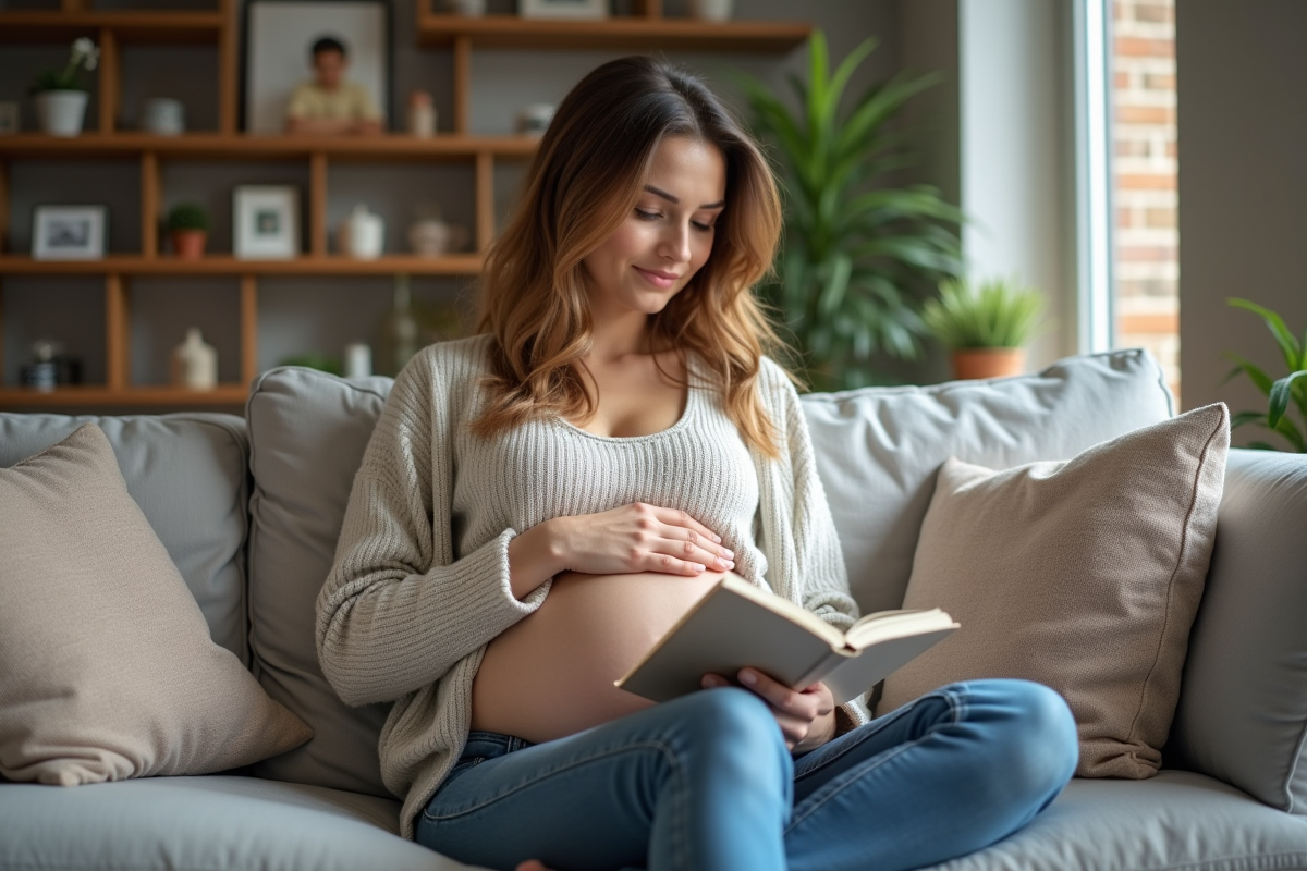 Femme enceinte lisant un livret de santé prénatale dans un salon