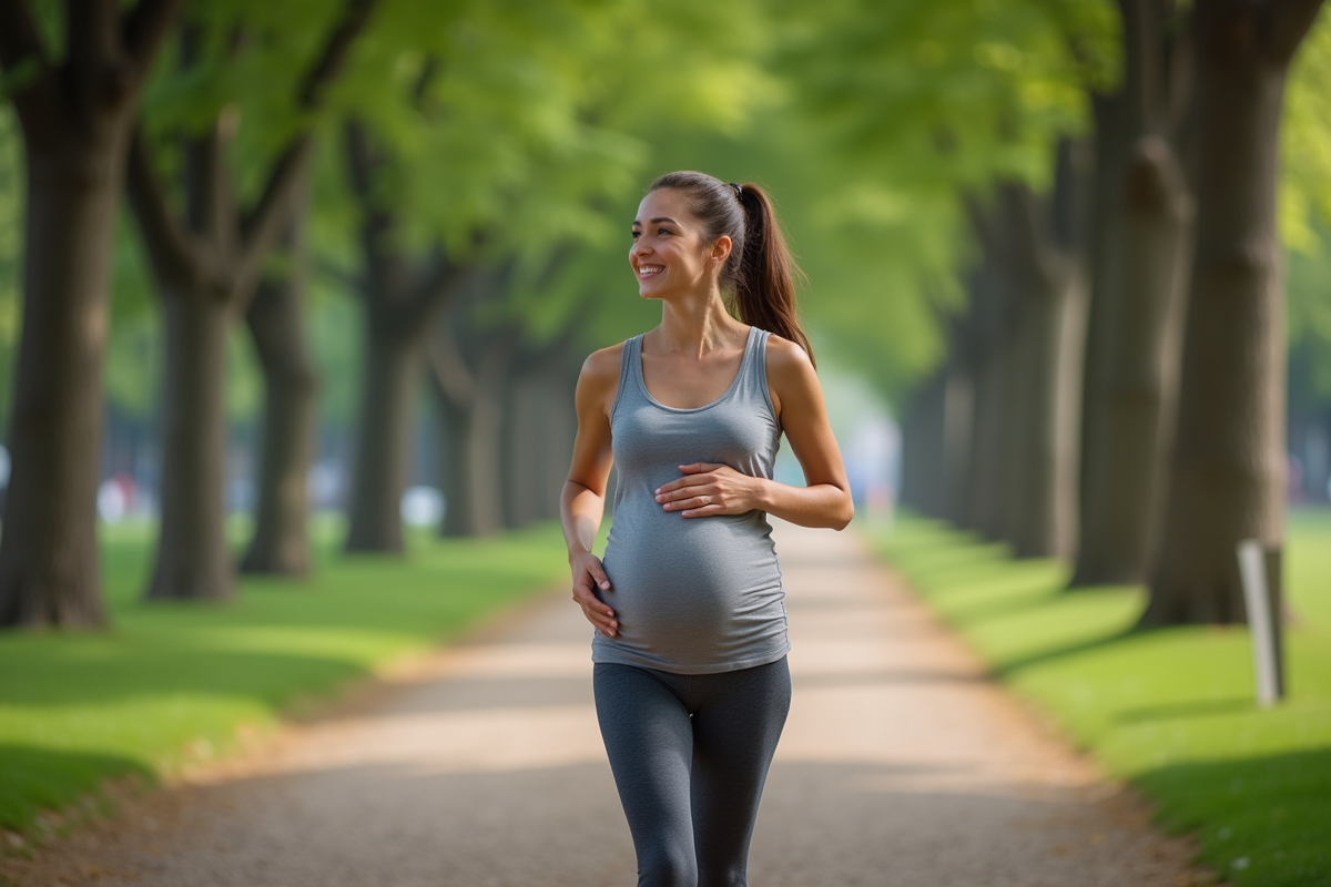 Femme enceinte marchant dans un parc urbain