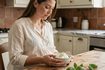 Femme enceinte tenant un bol de mozzarella di bufala fraîche dans une cuisine chaleureuse, illustrant les questions alimentaires pendant la grossesse