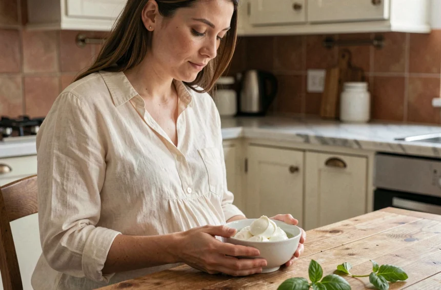 Femme enceinte tenant un bol de mozzarella di bufala fraîche dans une cuisine chaleureuse, illustrant les questions alimentaires pendant la grossesse