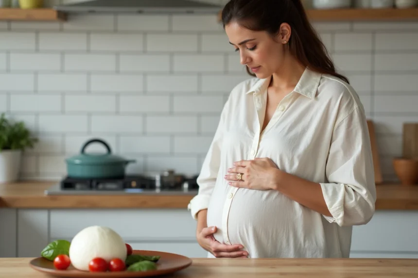 Femme enceinte dans une cuisine moderne regardant une mozzarella di bufala fraîche sur une assiette en céramique