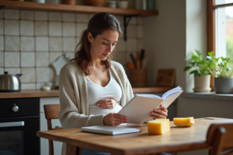 Femme enceinte lisant un guide nutritionnel à la maison