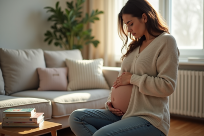Femme enceinte dans un salon lumineux et cosy