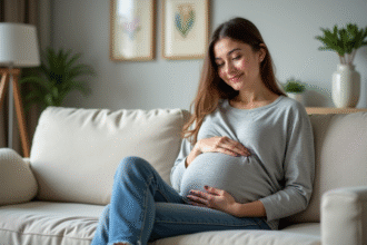 Femme enceinte assise sur un canapé dans un salon cosy