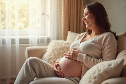 Femme enceinte souriante assise sur un canapé lumineux