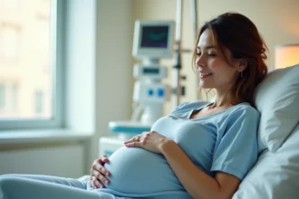 Femme enceinte au travail en salle de maternité attendant la péridurale, col ouvert à 2 doigts