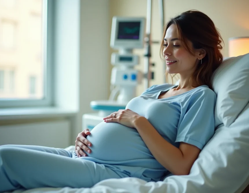 Femme enceinte au travail en salle de maternité attendant la péridurale, col ouvert à 2 doigts