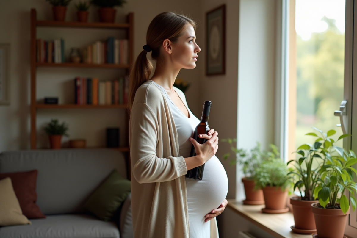 Jeune femme enceinte regardant par la fenêtre dans le salon chaleureux