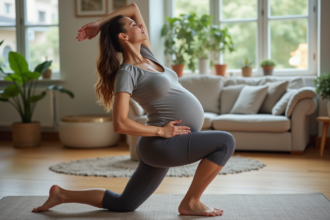 Femme enceinte faisant du yoga dans un salon moderne