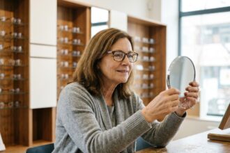 Femme d'une cinquantaine d'années essayant de nouvelles lunettes chez un opticien avec sérénité