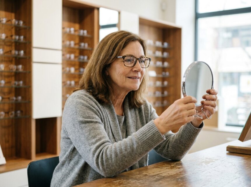 Femme d'une cinquantaine d'années essayant de nouvelles lunettes chez un opticien avec sérénité
