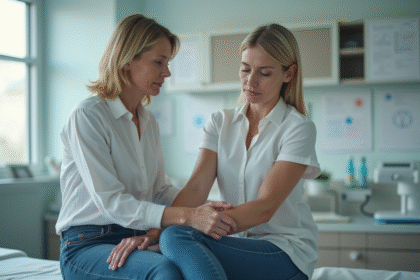 Femme d'âge moyen examinant sa peau dans un cabinet médical