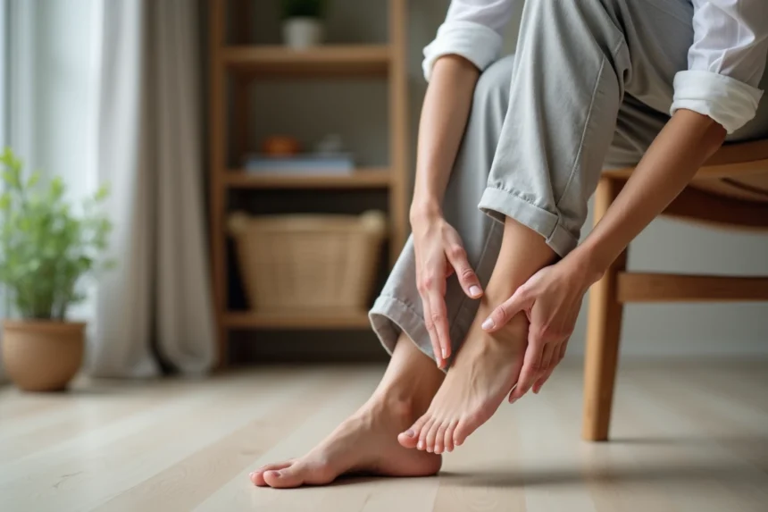 Femme d'âge moyen examinant son pied avec une expression préoccupée, assise sur une chaise en bois dans un salon moderne