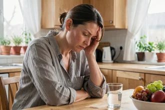 Femme fatiguée assise à une table de cuisine avec un verre d'eau et des fruits frais, illustrant le lien entre alimentation, hydratation et vertiges