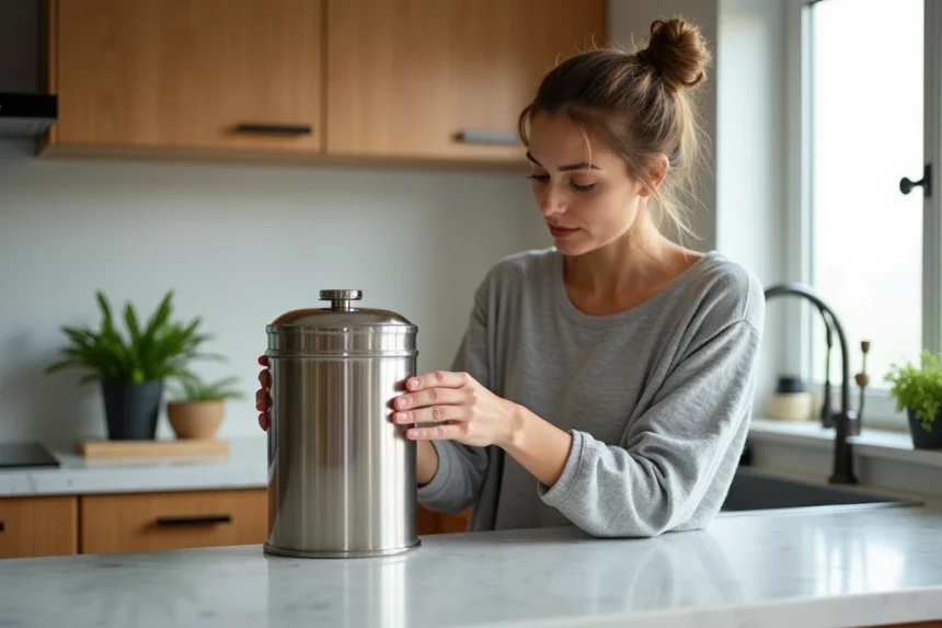 Femme remplissant un filtre à eau Berkey en acier inoxydable sur un plan de travail en marbre blanc dans une cuisine moderne