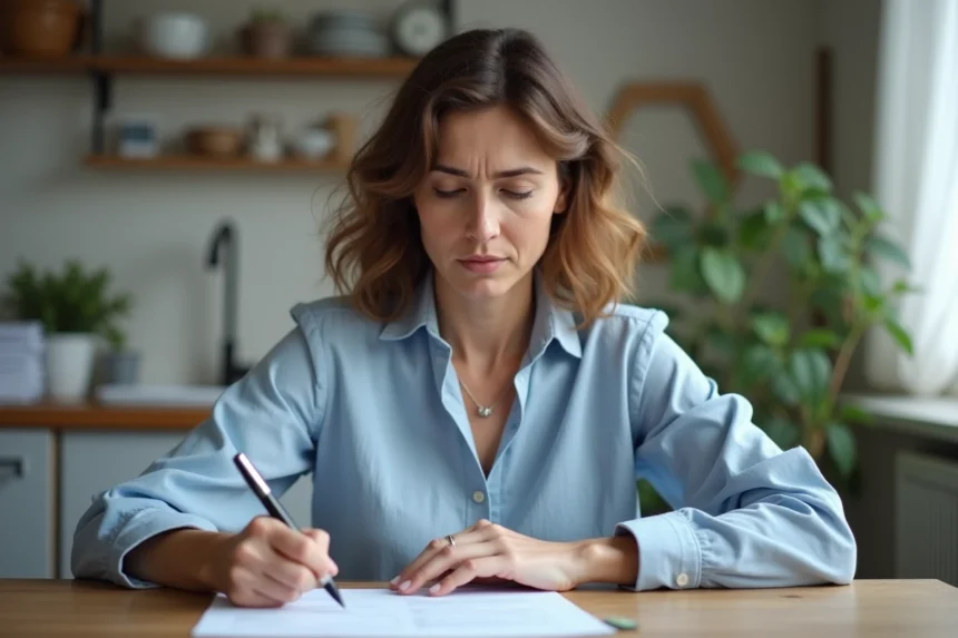Femme remplissant un formulaire de remboursement CPAM à la maison avec attention