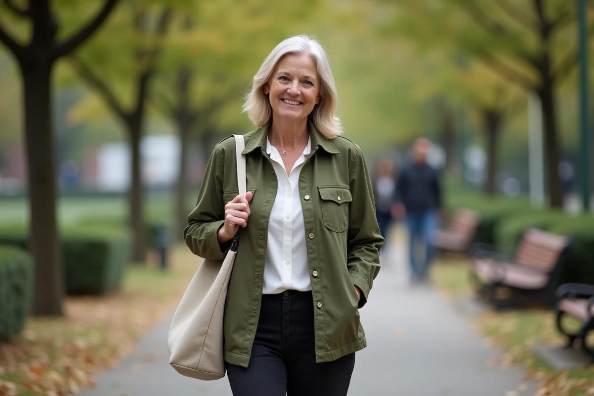 Femme en bonne santé se promenant dans un parc après sa guérison de la maladie de Ménière, posture confiante et souriante
