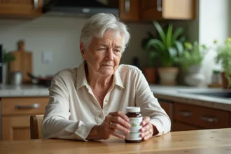 Femme d'âge moyen lisant une étiquette de complément naturel