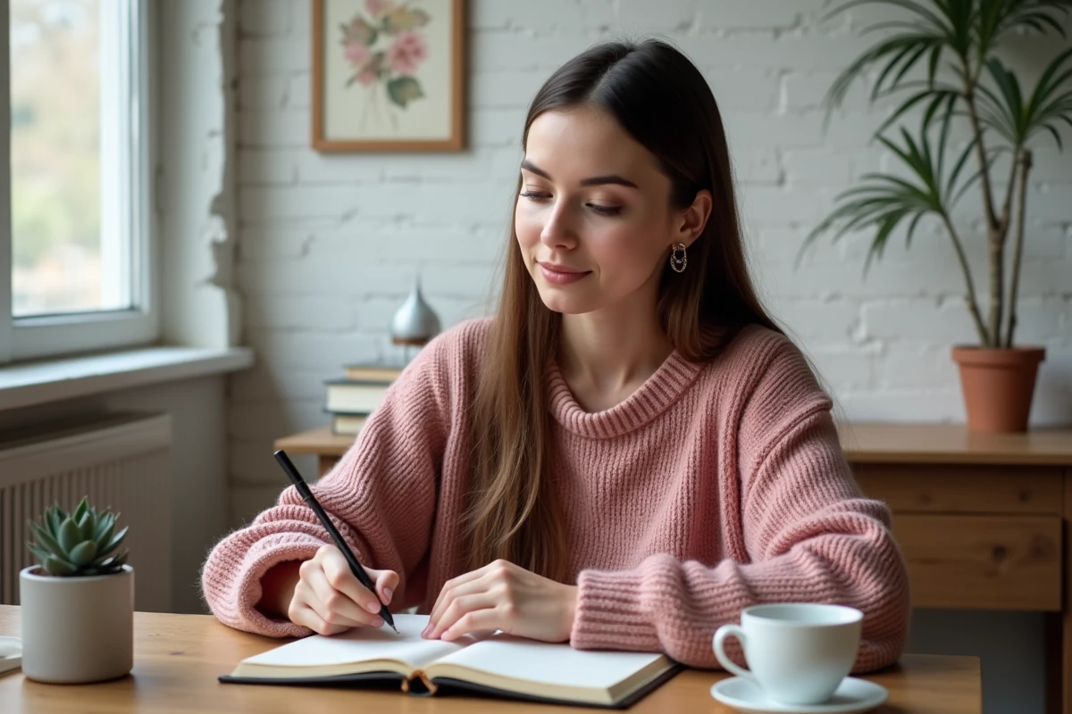 Jeune femme écrivant dans un journal personnel à son bureau, représentant la réflexion sur ses valeurs et le bien-être mental au quotidien