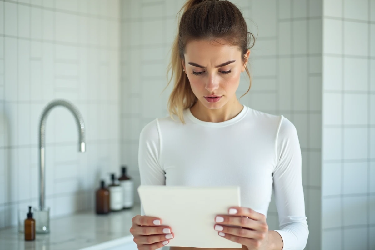Femme lisant attentivement l'étiquette d'une boîte de thé détox dans une salle de bain moderne, illustrant le regard critique du consommateur face aux promesses marketing des thés comme Lulutox