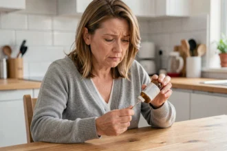 Femme lisant attentivement la notice d'un médicament hépatique à la maison pour éviter les erreurs d'utilisation