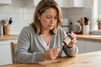 Femme lisant attentivement la notice d'un médicament hépatique à la maison pour éviter les erreurs d'utilisation