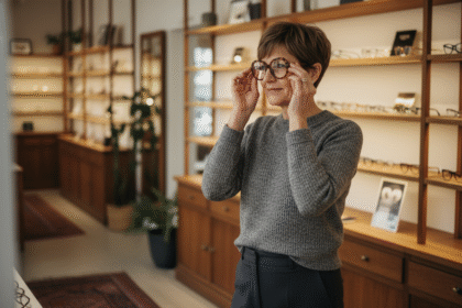 Femme d'âge moyen essayant des lunettes dans une boutique opticien chaleureuse