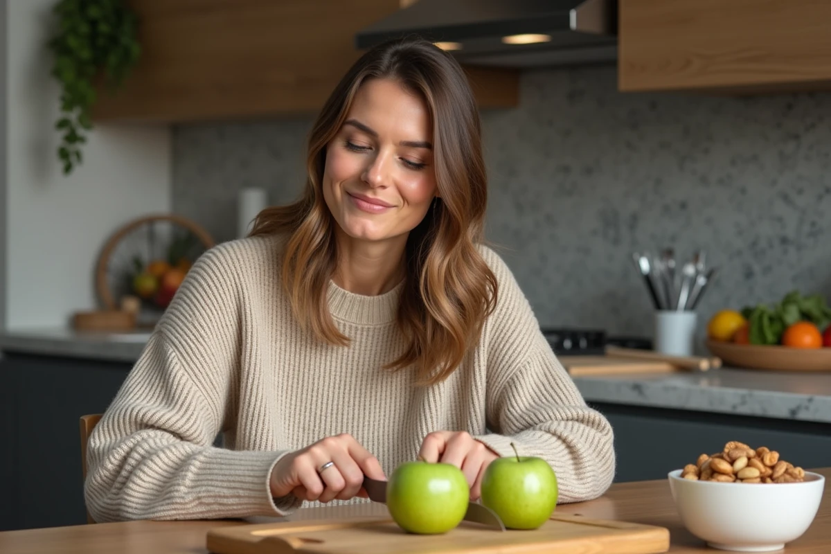 Femme en cuisine coupant une pomme verte dans un intérieur moderne