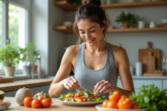 Femme en cuisine arrangeant un plat de légumes frais