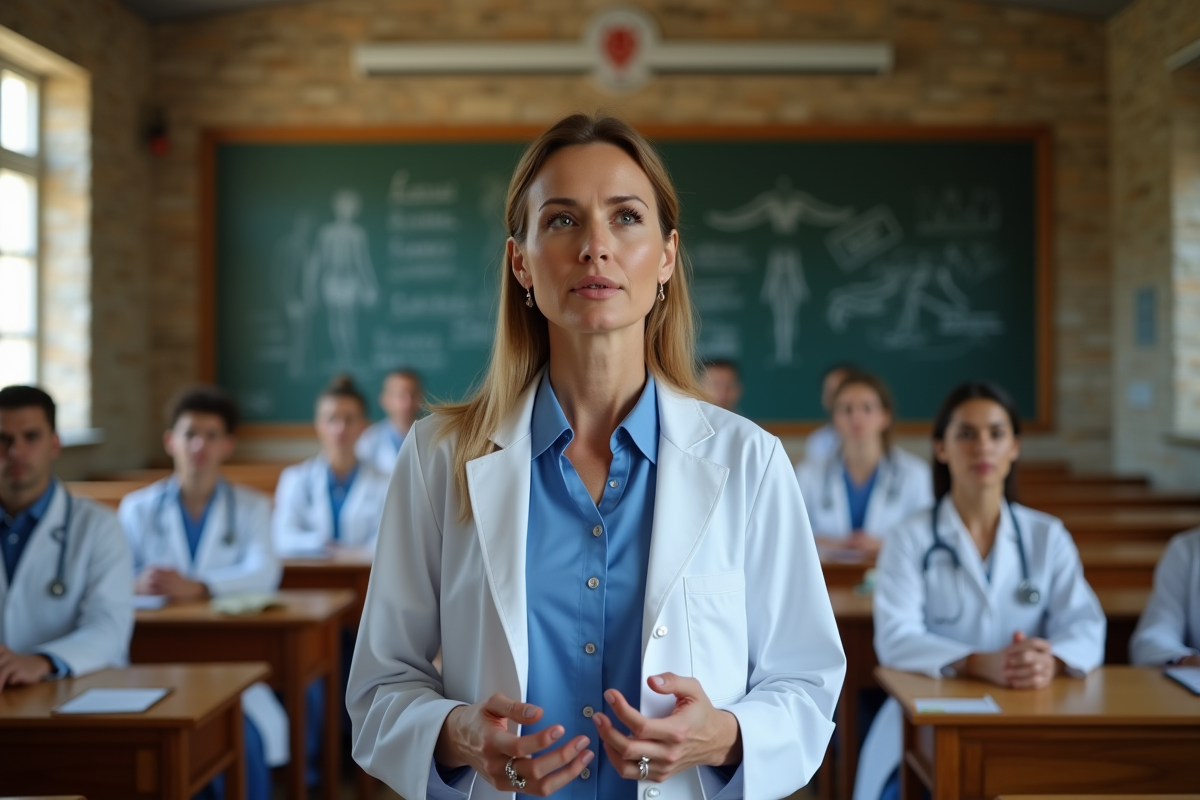 Femme médecin en conférence dans une salle universitaire