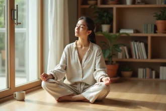 Femme pratiquant la pleine conscience chez elle dans un intérieur minimaliste, illustrant le bien-être mental et la vie alignée avec ses valeurs