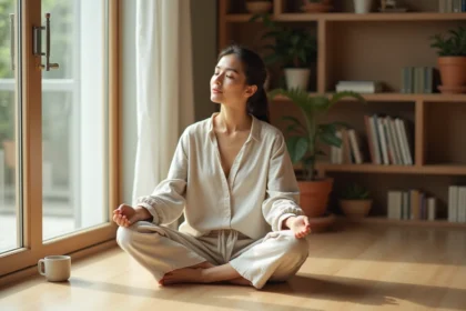 Femme pratiquant la pleine conscience chez elle dans un intérieur minimaliste, illustrant le bien-être mental et la vie alignée avec ses valeurs