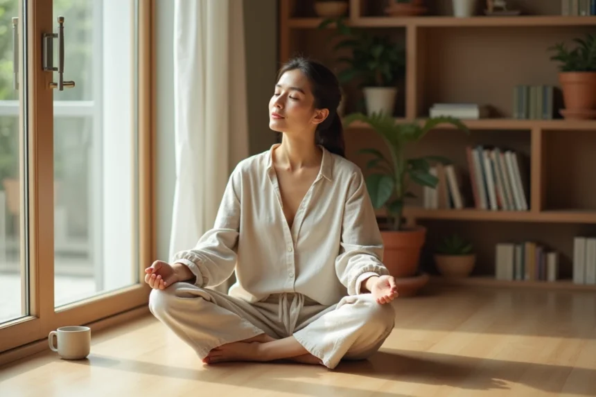 Femme pratiquant la pleine conscience chez elle dans un intérieur minimaliste, illustrant le bien-être mental et la vie alignée avec ses valeurs