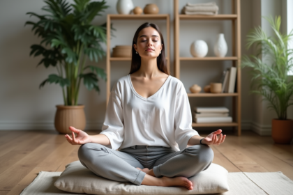 Femme méditant en intérieur calme et sereine
