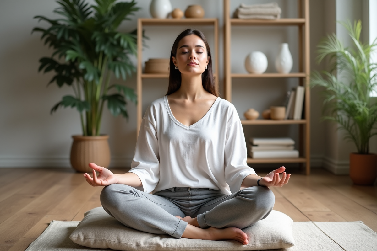 Femme méditant en intérieur calme et sereine