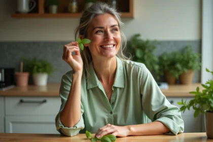 Femme tenant une feuille de menthe dans une cuisine lumineuse