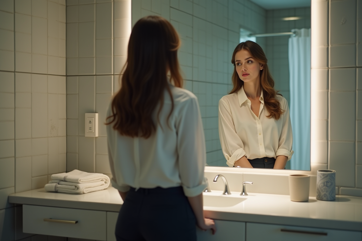 Jeune femme regardant son reflet dans un miroir de salle de bain