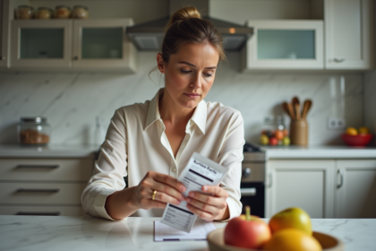 Femme d'âge moyen lisant une étiquette nutritionnelle