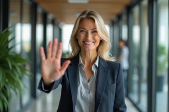 Femme confiante en blazer dans un bureau moderne