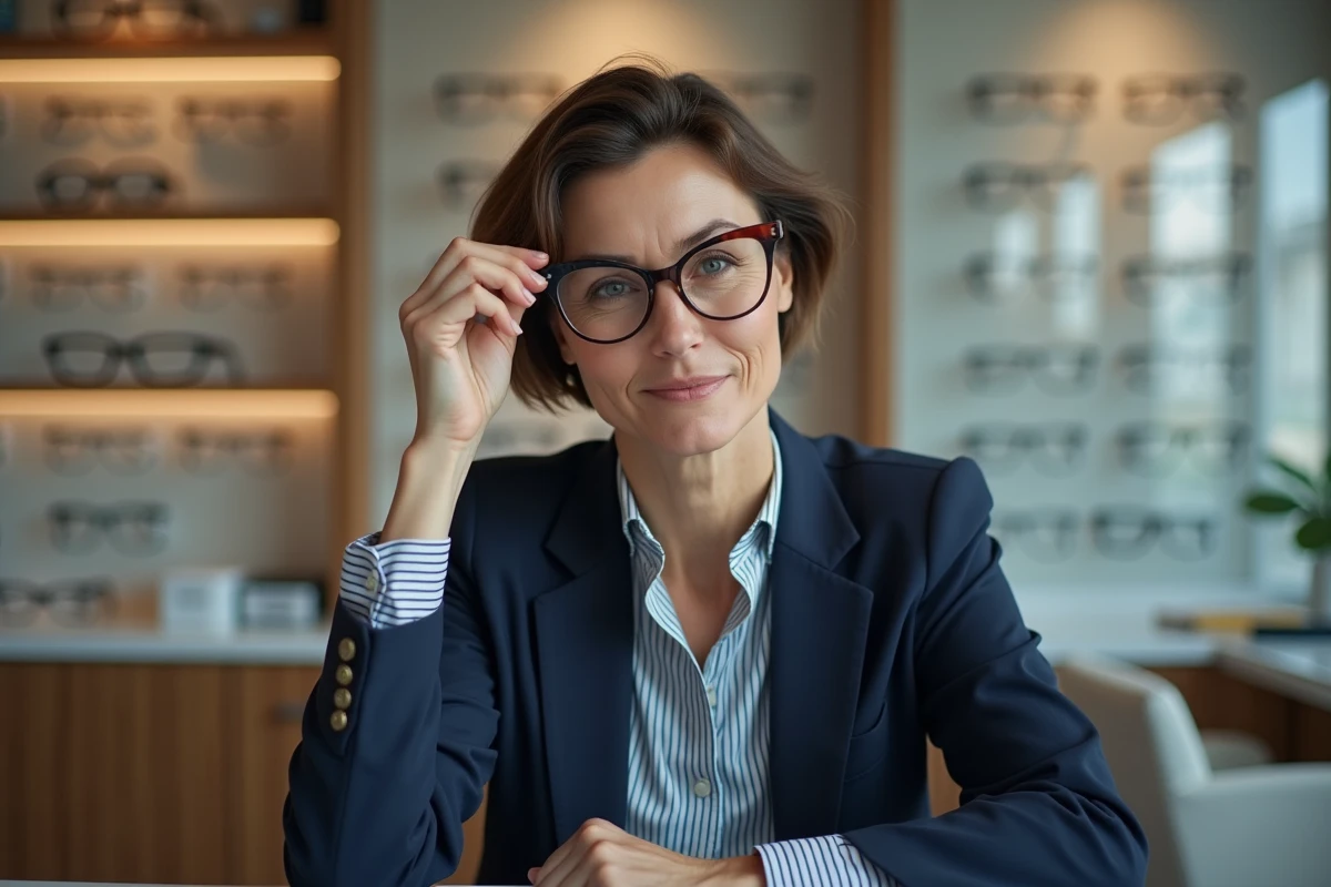 Femme d'âge moyen essayant des lunettes modernes dans un cabinet d'opticien