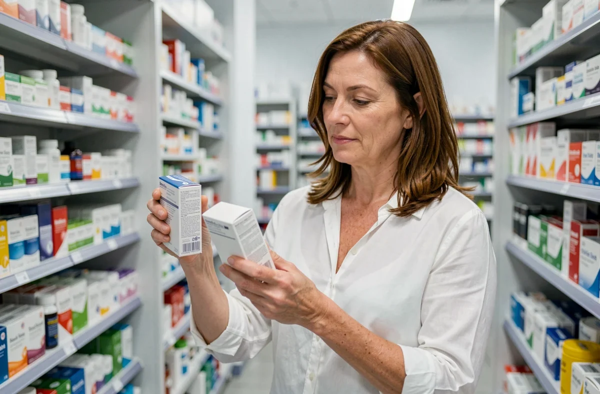 Femme comparant des compléments alimentaires pour le cholestérol en pharmacie