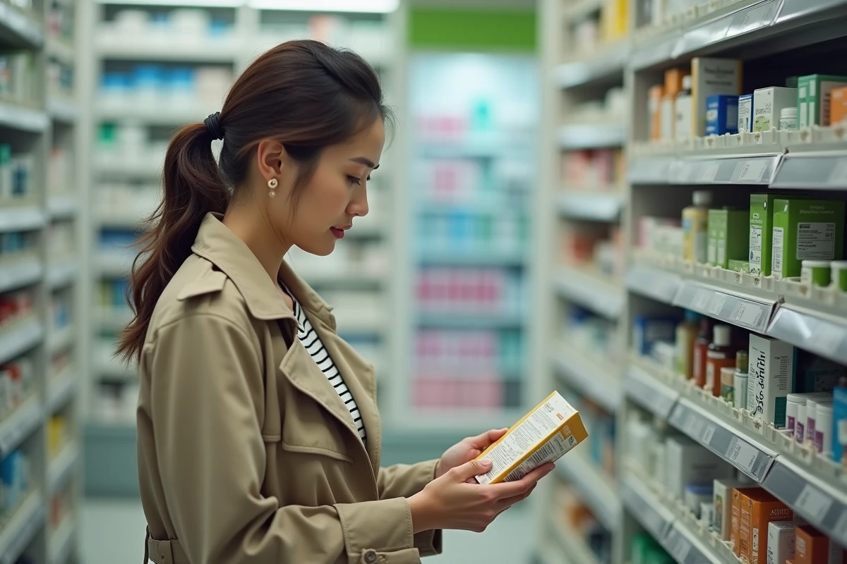 Femme lisant une étiquette de probiotiques en pharmacie pour mieux comprendre sa santé intestinale
